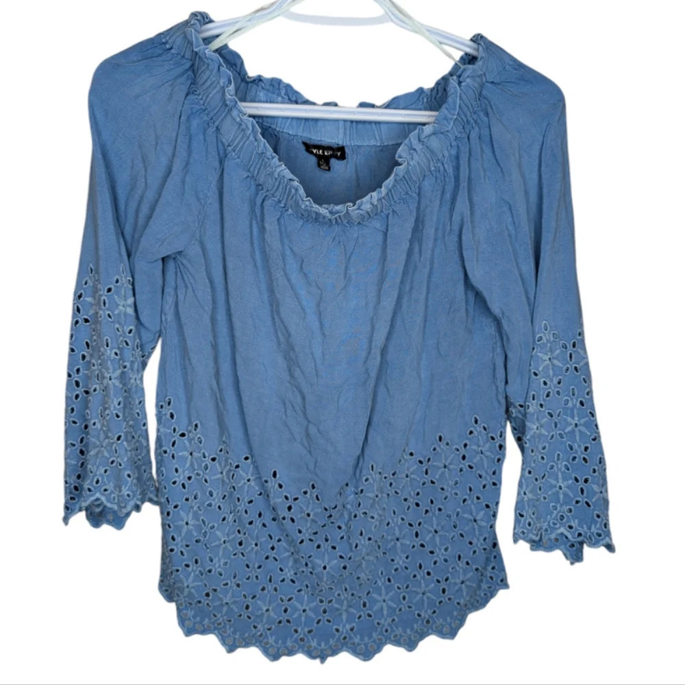 Style Envy Blue Off the Shoulder Flowy Feminine Boho Eyelet Top Women L